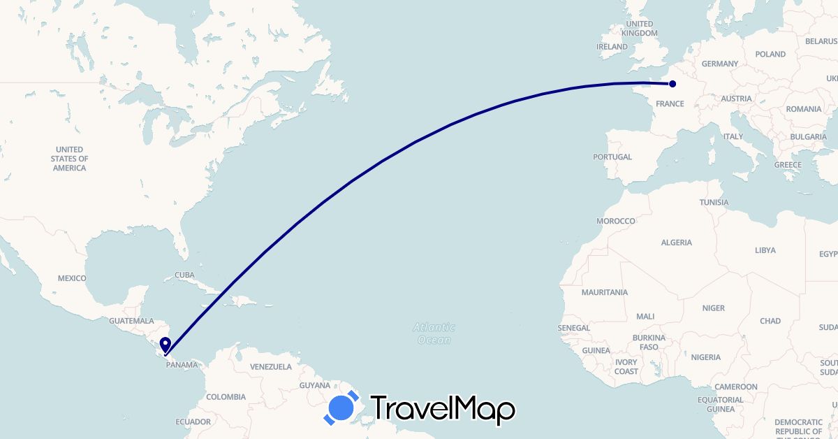 TravelMap itinerary: driving in Costa Rica, France (Europe, North America)