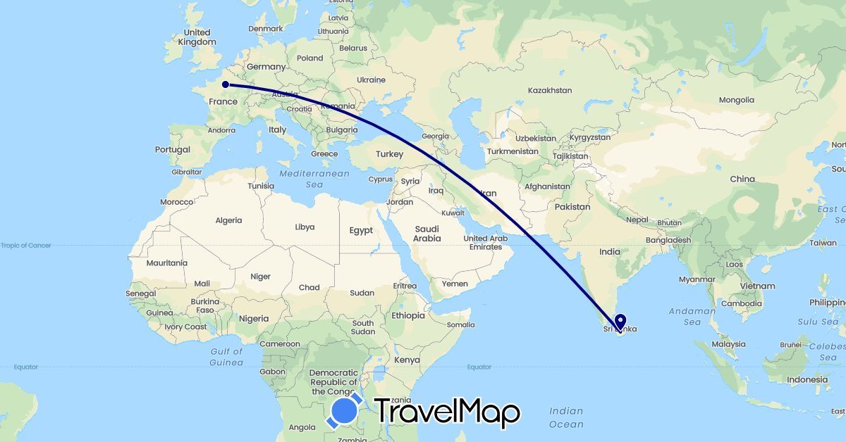TravelMap itinerary: driving in France, Sri Lanka (Asia, Europe)