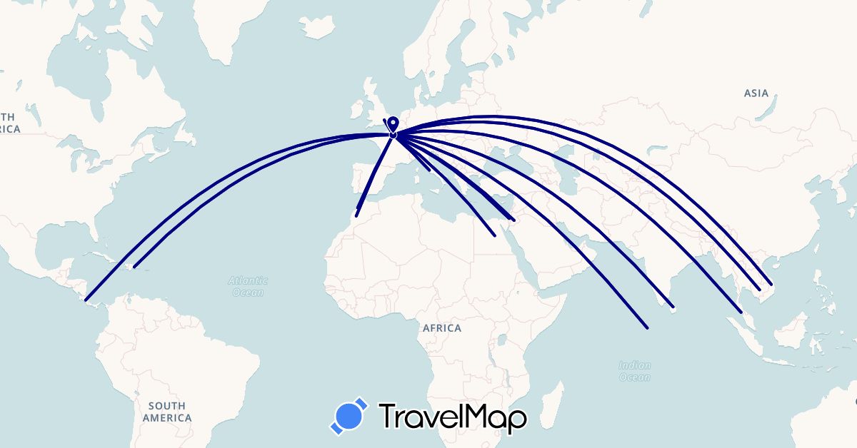 TravelMap itinerary: driving in Costa Rica, Dominican Republic, Egypt, France, United Kingdom, Israel, Italy, Jordan, Cambodia, Sri Lanka, Morocco, Maldives, Malaysia, Vietnam (Africa, Asia, Europe, North America)